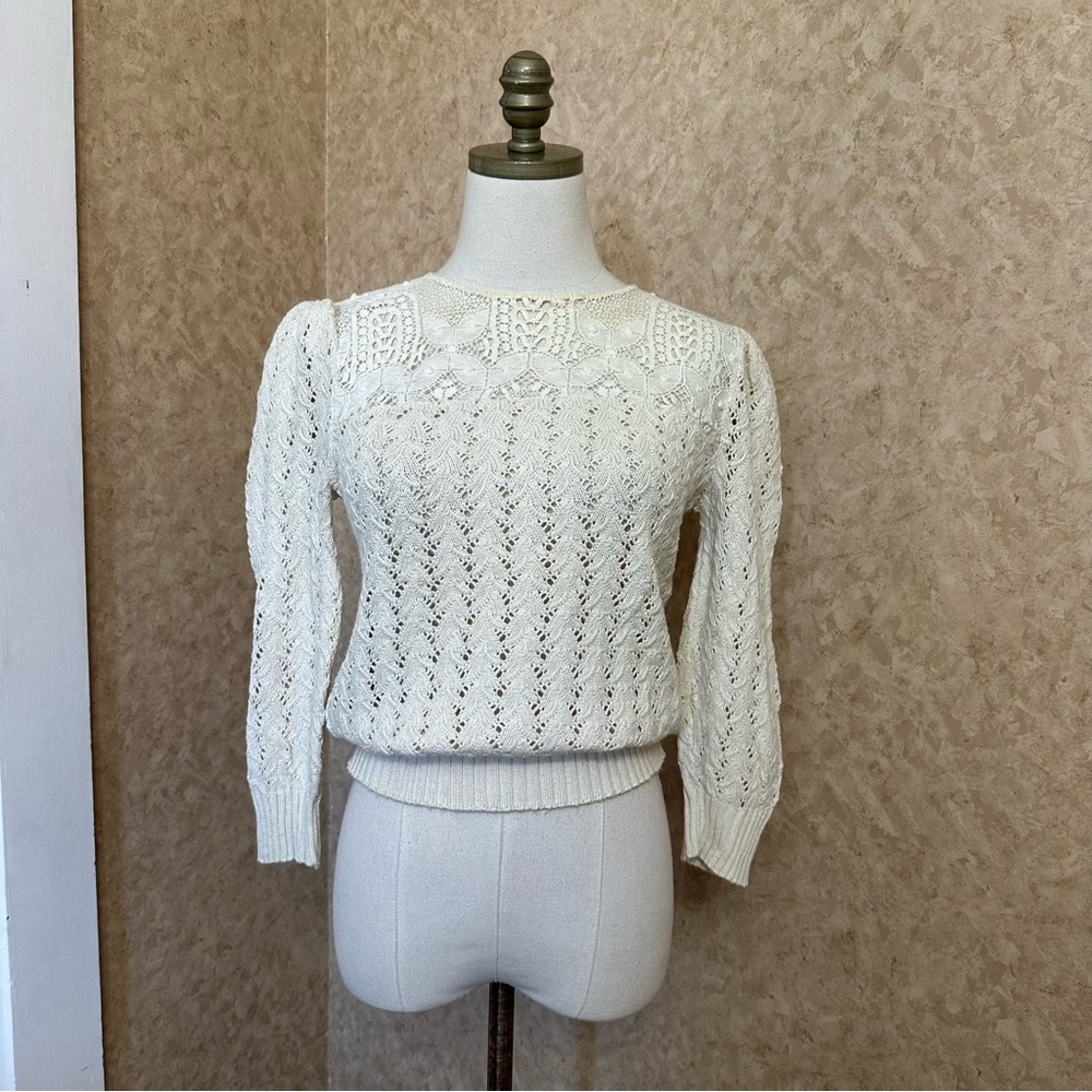 VTG 70s White Cream Ivory Lace Pointelle Cotton Knit Sweater